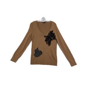 INC Fine Knit Sweater Tan Lace Flower Detail V Neck Ginger Crisp Womens Medium